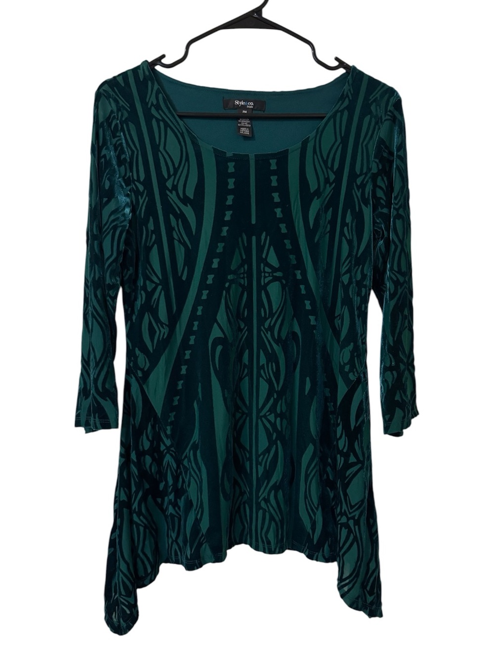 Style & Co Petite Teal Green Burnout Velvet Tunic Top Asymmetrical Size PM